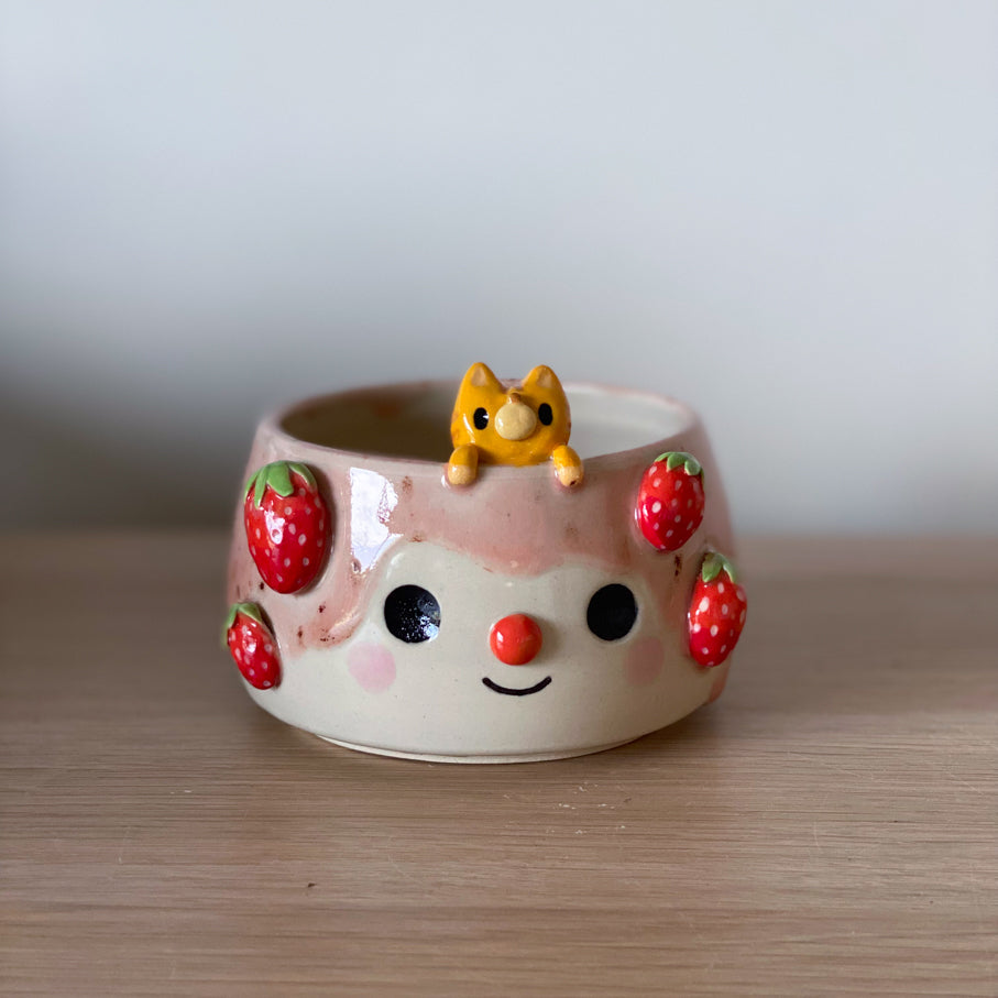 Fraises & Chat malicieux - Petit pot de fleurs