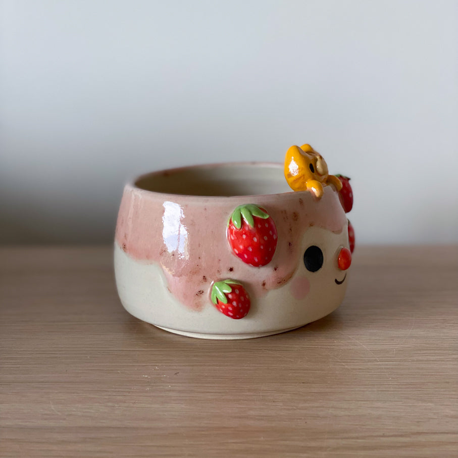 Fraises & Chat malicieux - Petit pot de fleurs